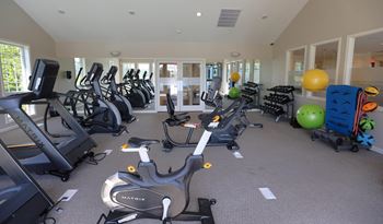 A gym with a variety of exercise equipment including treadmills, stationary bikes, and weight machines